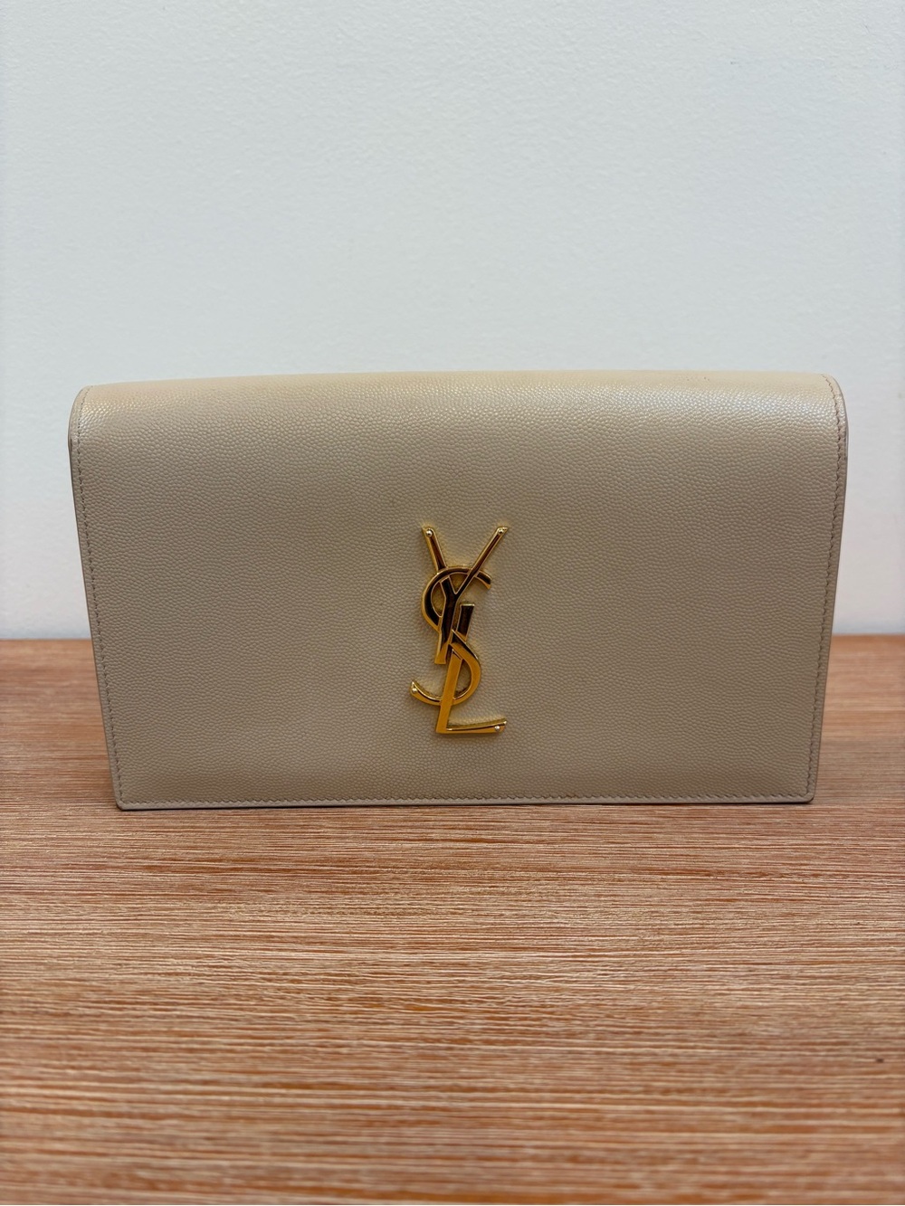 Saint Laurent Beige Leather Clutch with Gold YSL Emblem
